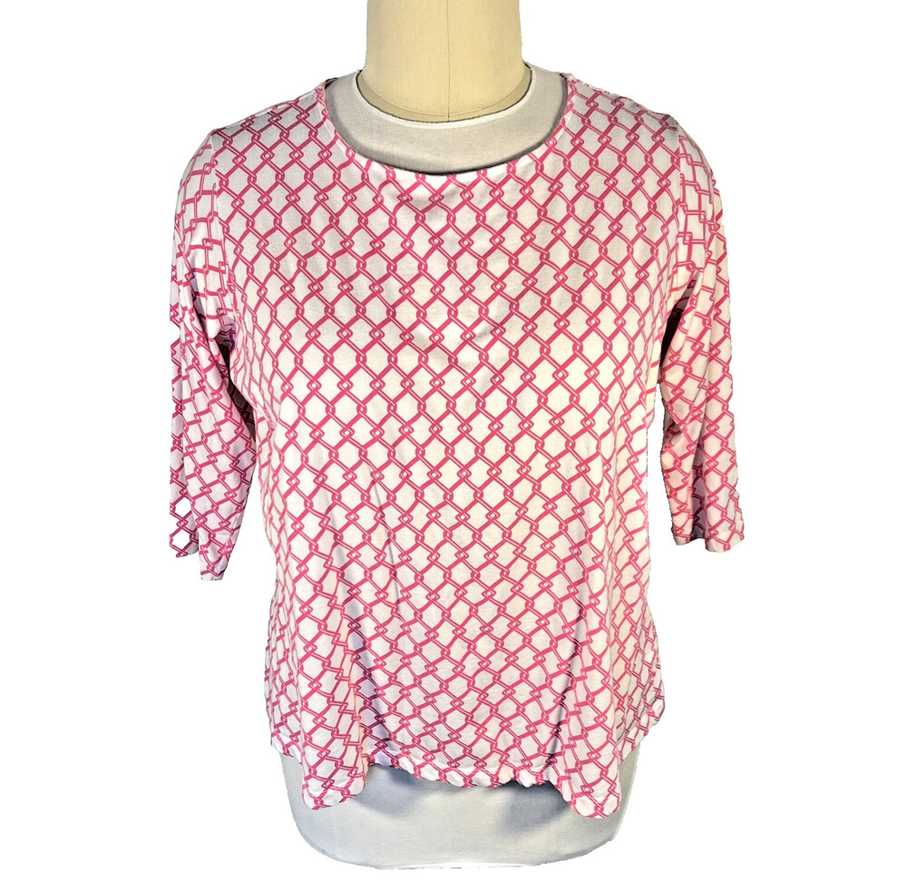 Appleseed's Blouse Womens 2X Knit Pink White Lattice Print Round Neck 3/4 Sleeve